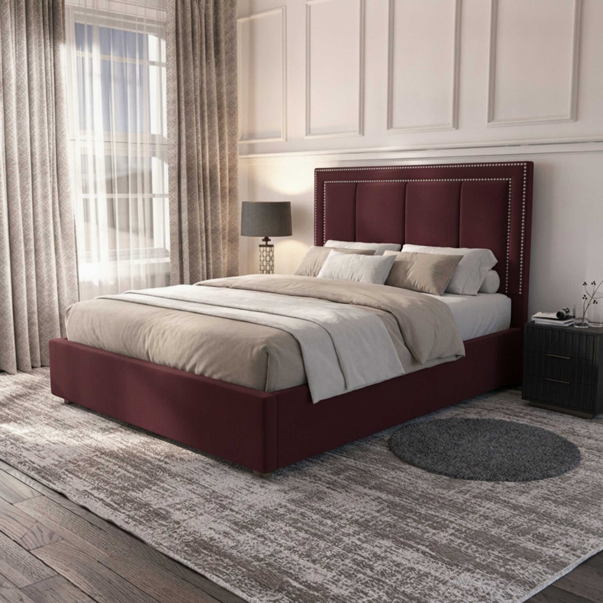 Claret Plain Ottoman Bed - Premium Gas-Lift Storage
