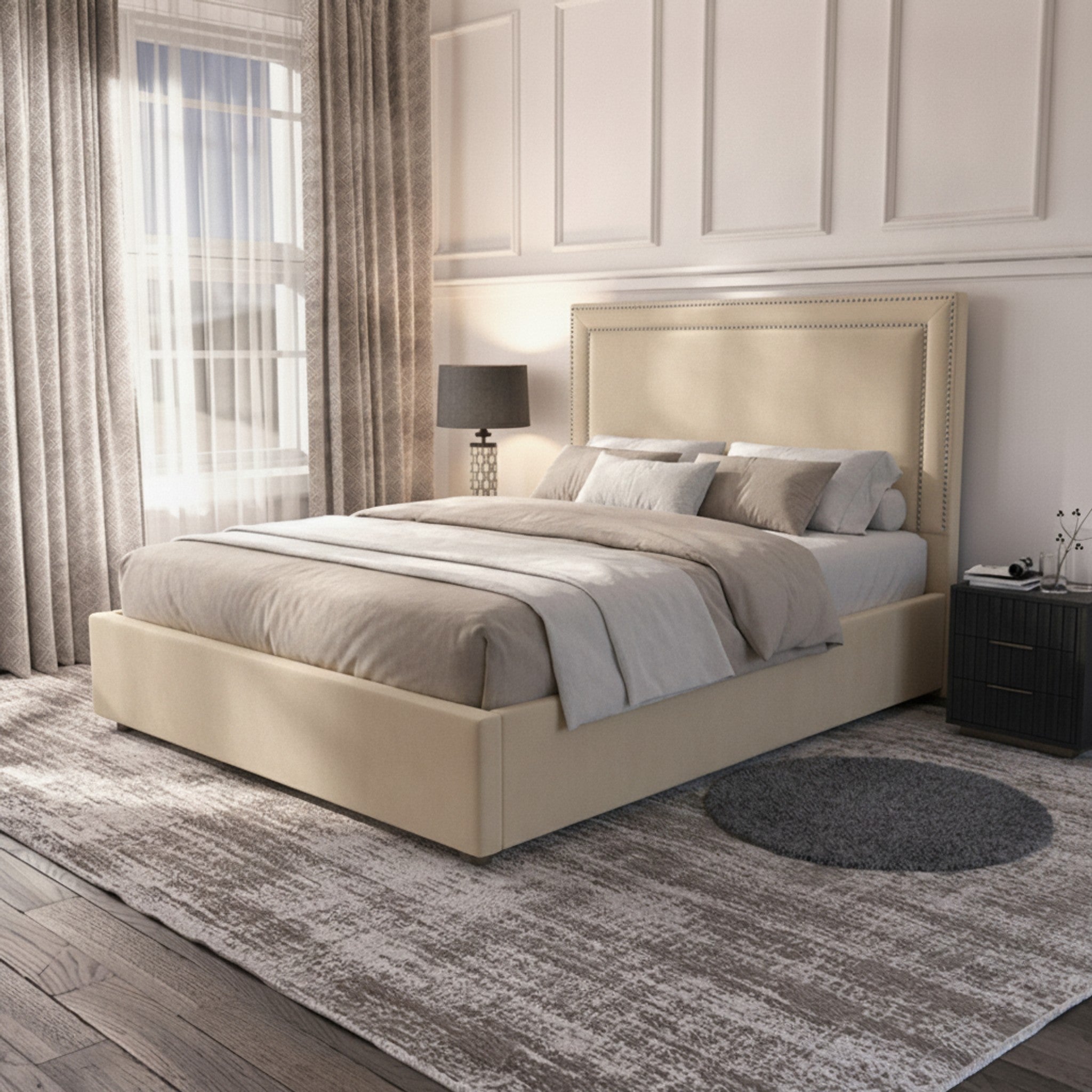 Cream Plain Ottoman Bed with Gas-Lift Storage