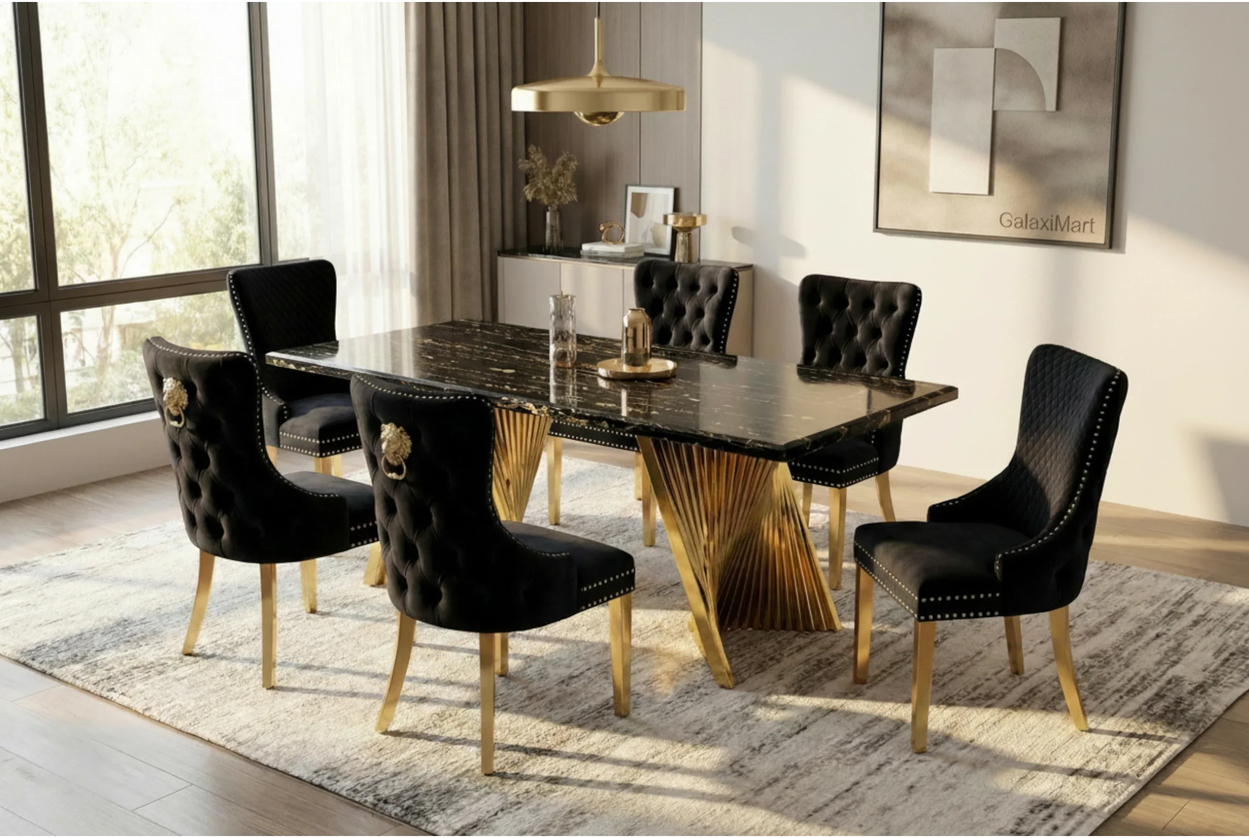 180cm Revello Black & Gold Marble Dining Table with Victoria Gold Lion Knocker Buttoned Back Velvet Chairs