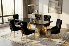 180cm Revello Black & Gold Marble Dining Table with Victoria Gold Lion Knocker Buttoned Back Velvet Chairs