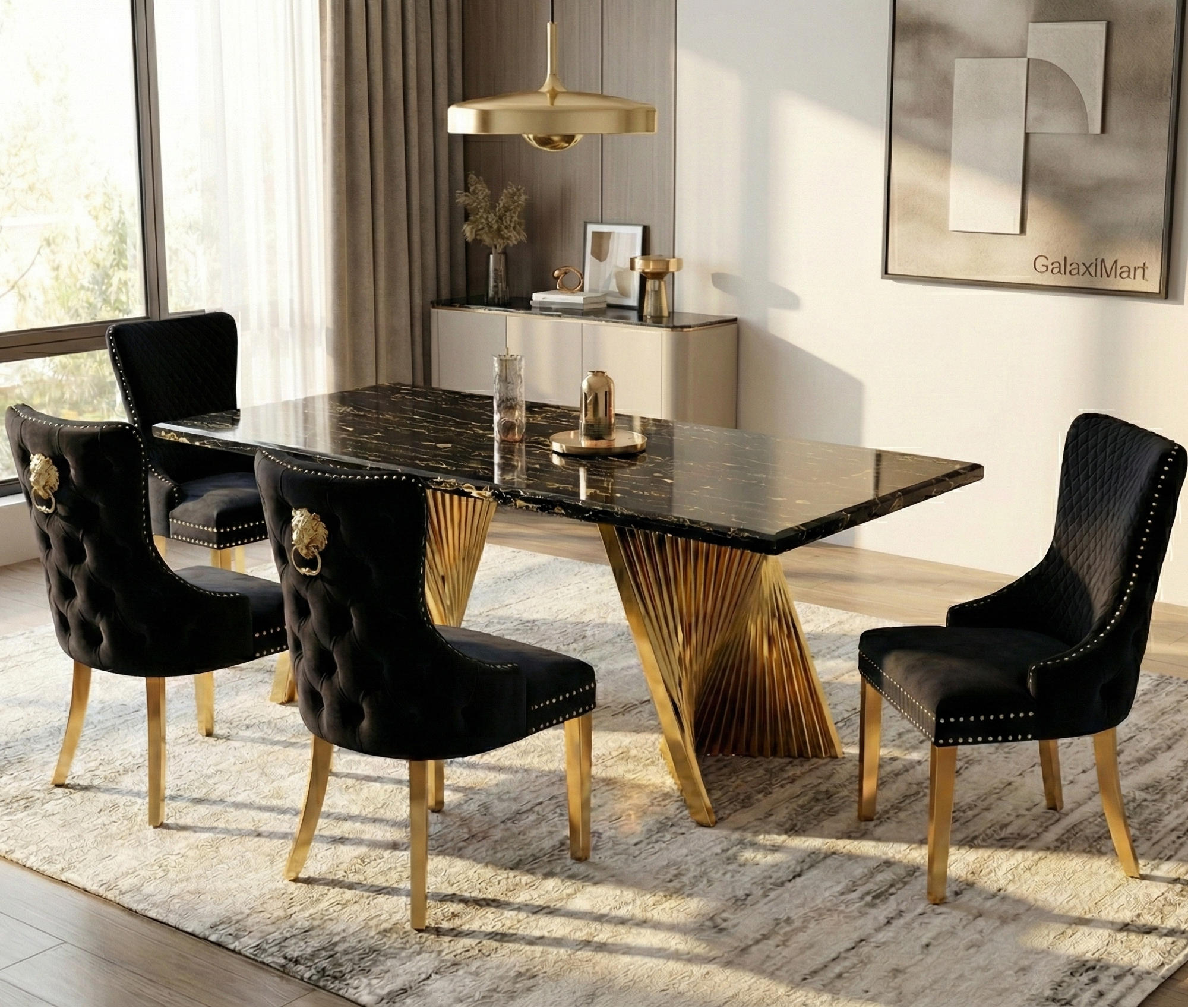 180cm Revello Black & Gold Marble Dining Table with Victoria Gold Lion Knocker Buttoned Back Velvet Chairs
