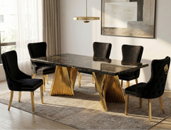 180cm Revello Black & Gold Marble Dining Table with Victoria Gold Lion Knocker Buttoned Back Velvet Chairs