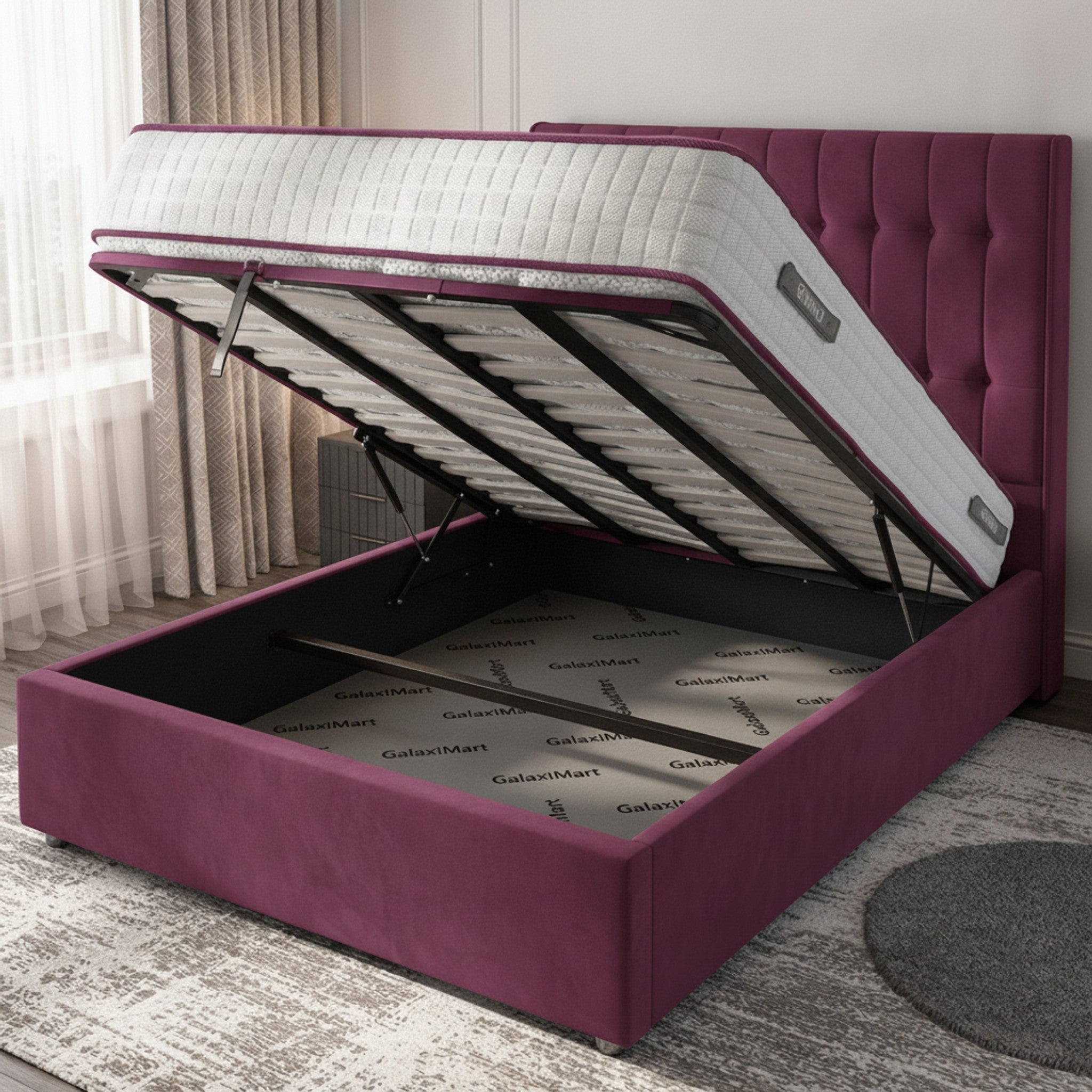 Cerise Rose Ottoman Bed | Gas-Lift Storage | GalaxiMart