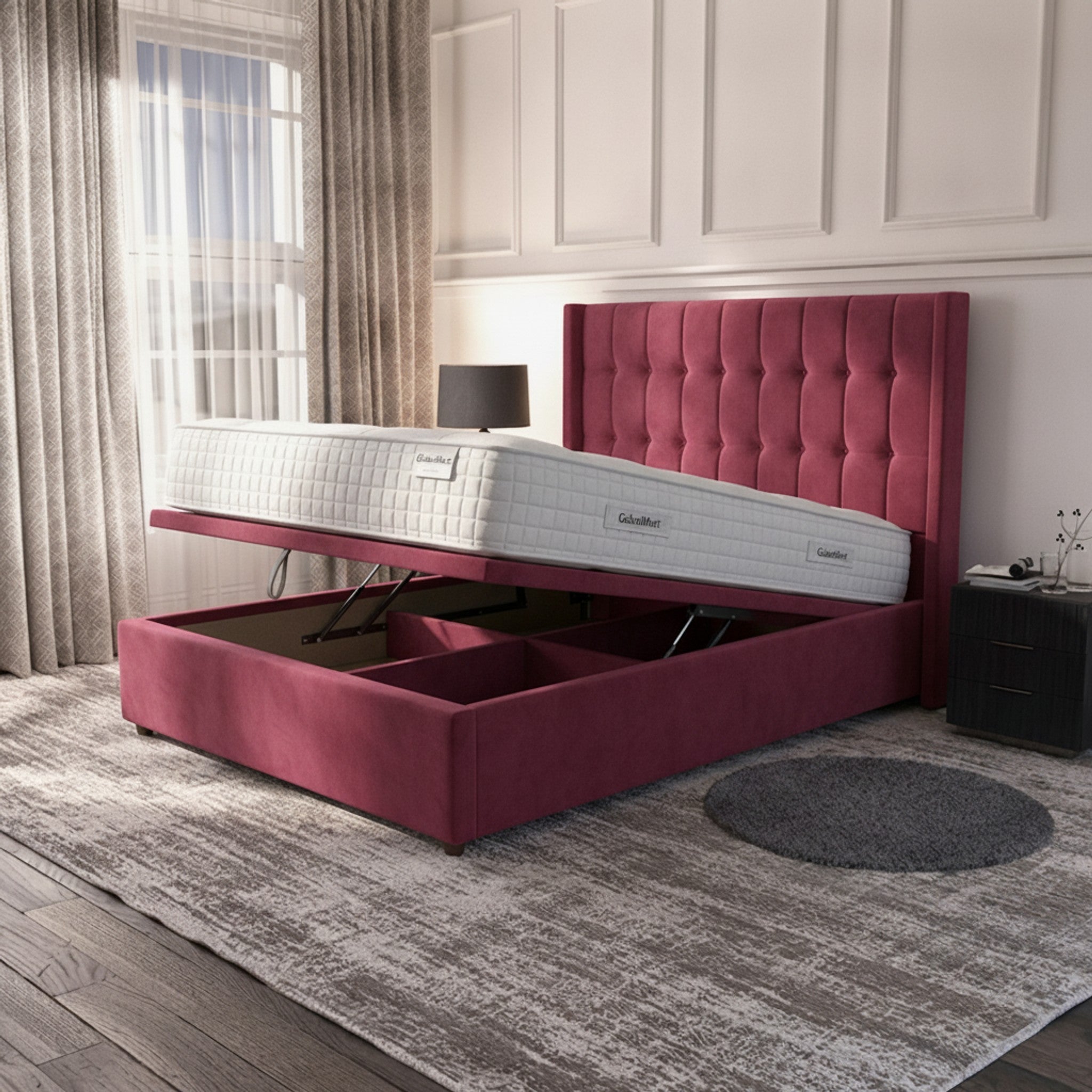 Cerise Rose Ottoman Bed | Gas-Lift Storage | GalaxiMart