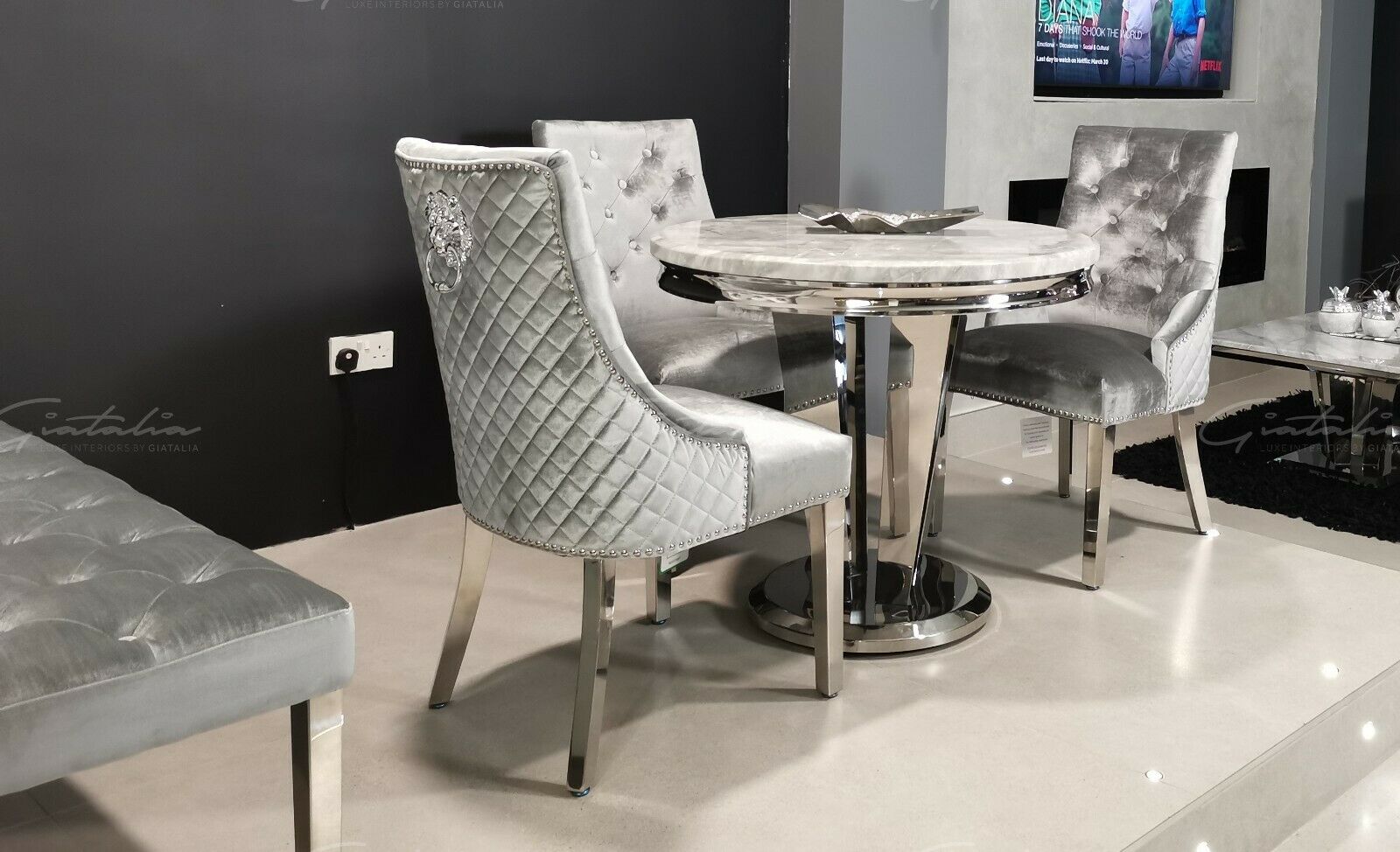 Bologna 130cm Grey Round Marble Dining Table With Set of Shimmer Grey Lion Knocker Velvet Dining Chairs
