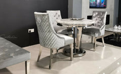 Bologna 130cm Grey Round Marble Dining Table With Set of Shimmer Grey Lion Knocker Velvet Dining Chairs