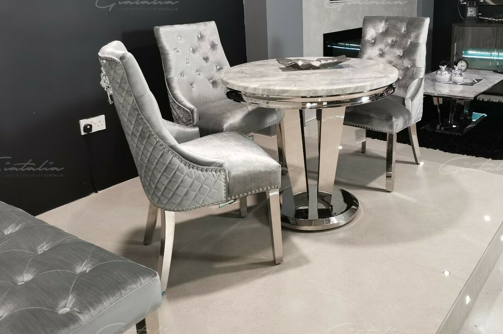 Bologna 130cm Grey Round Marble Dining Table With Set of Shimmer Grey Lion Knocker Velvet Dining Chairs