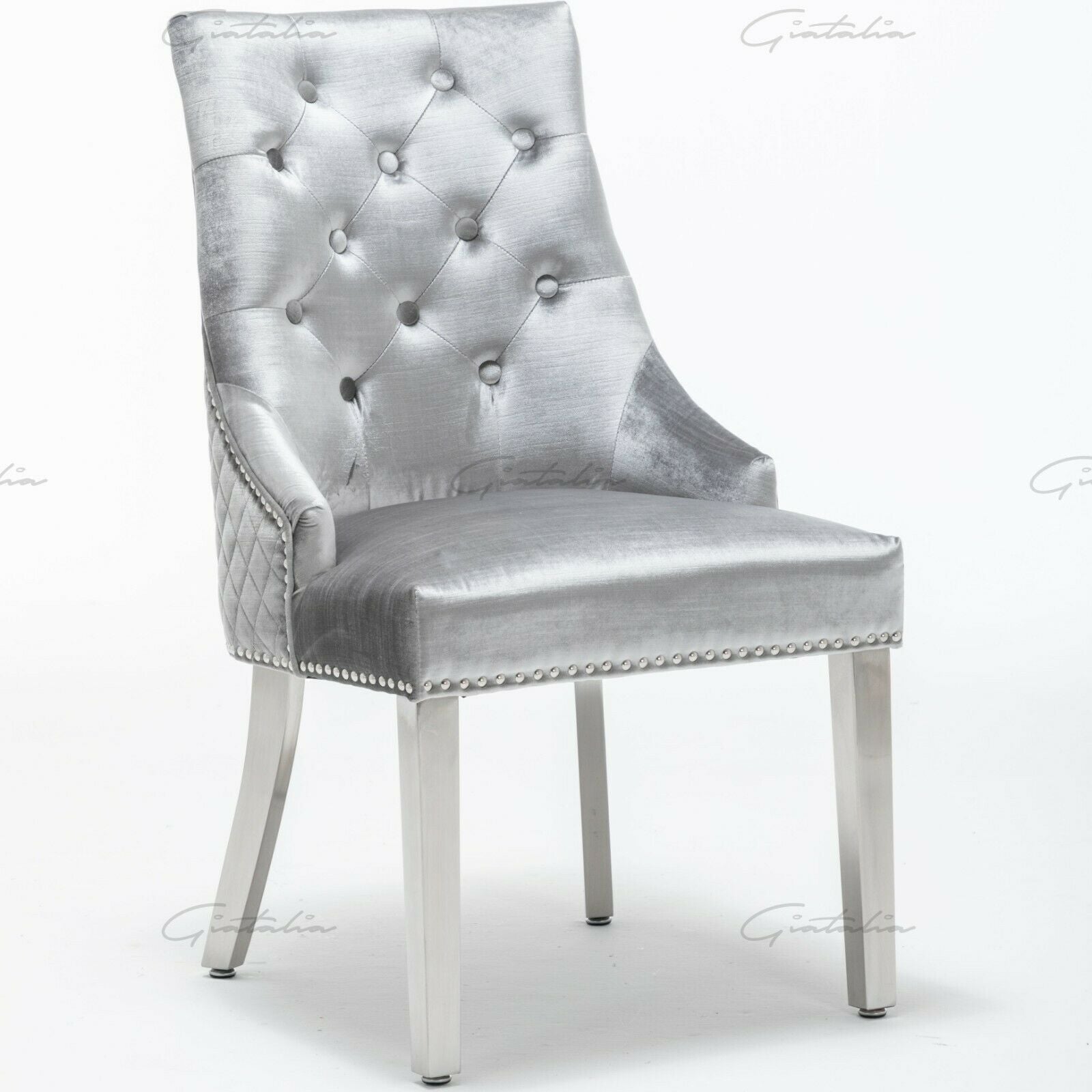 Bologna 130cm Grey Round Marble Dining Table With Set of Shimmer Grey Lion Knocker Velvet Dining Chairs