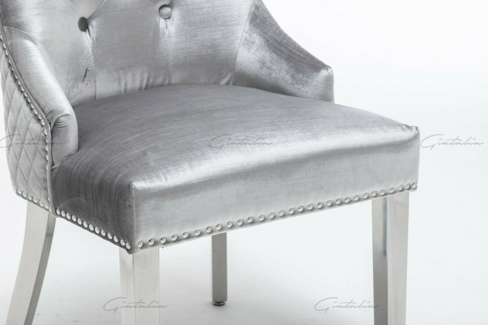 Bologna 130cm Grey Round Marble Dining Table With Set of Shimmer Grey Lion Knocker Velvet Dining Chairs