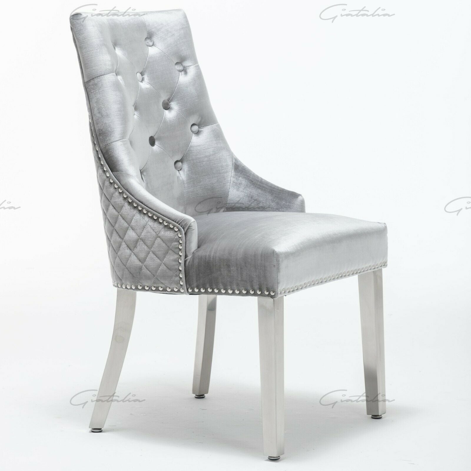 Bologna 130cm Grey Round Marble Dining Table With Set of Shimmer Grey Lion Knocker Velvet Dining Chairs
