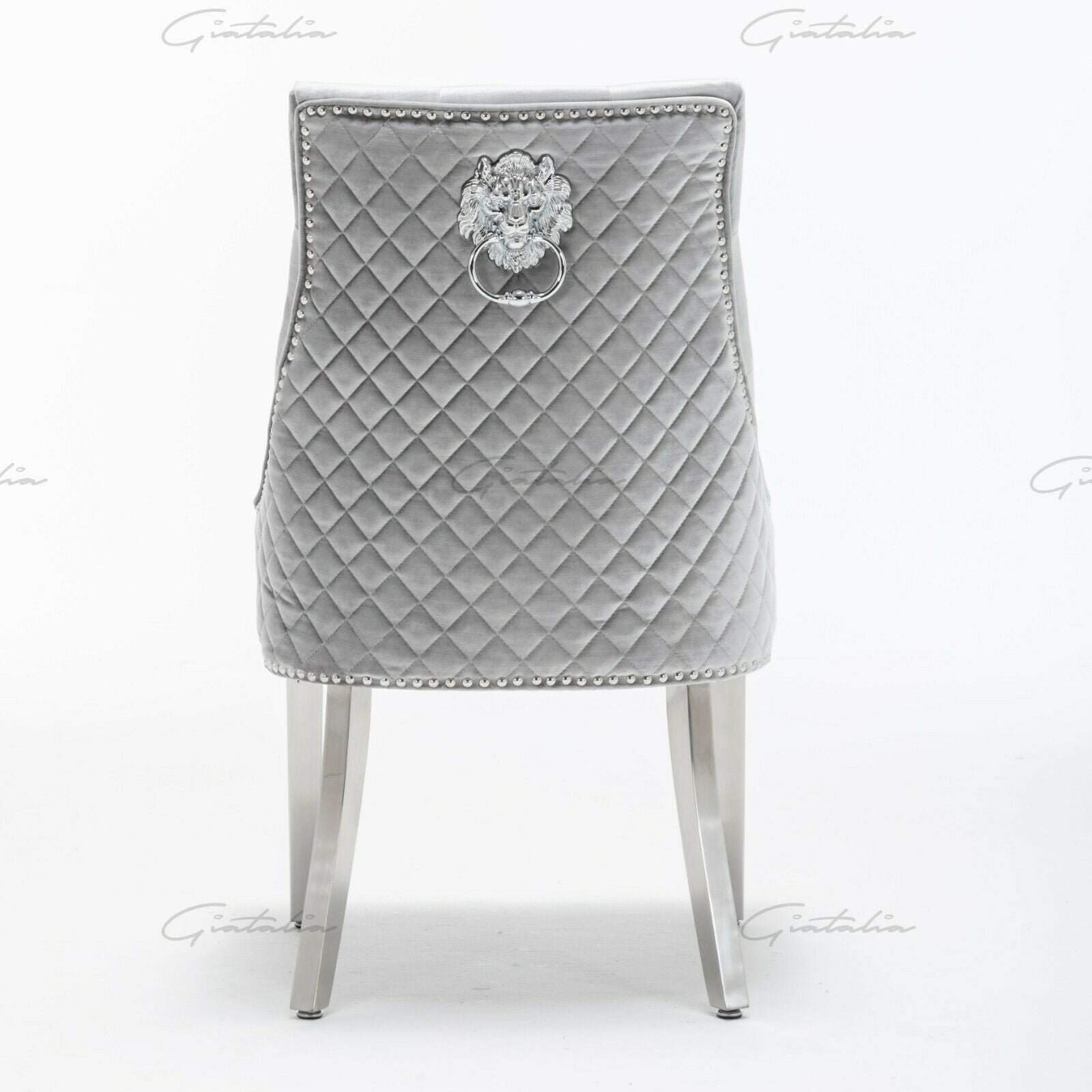 Bologna 130cm Grey Round Marble Dining Table With Set of Shimmer Grey Lion Knocker Velvet Dining Chairs