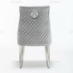 Bologna 130cm Grey Round Marble Dining Table With Set of Shimmer Grey Lion Knocker Velvet Dining Chairs