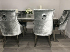 Arianna 150cm Grey Marble Dining Table + Belle Grey Velvet Dining Chairs + Grey 130cm Bench