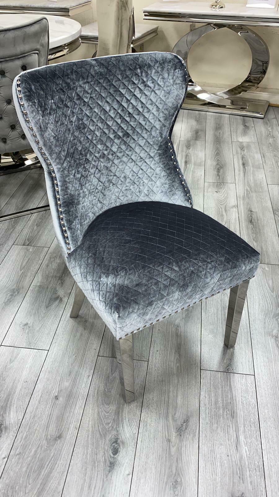 Bologna 130cm Grey Marble Round Dining Table with Set of Lewis Grey Lion Knocker Button Dining Chairs