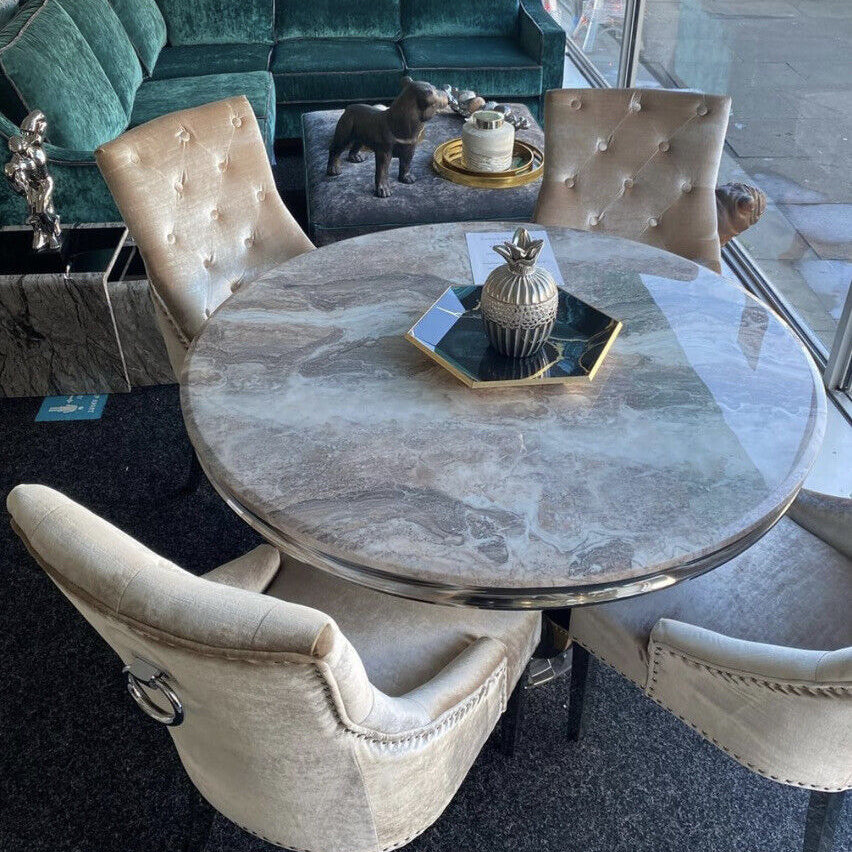 Chelsea 130cm Marble Round Dining Table + Blue Lion Knocker Chairs