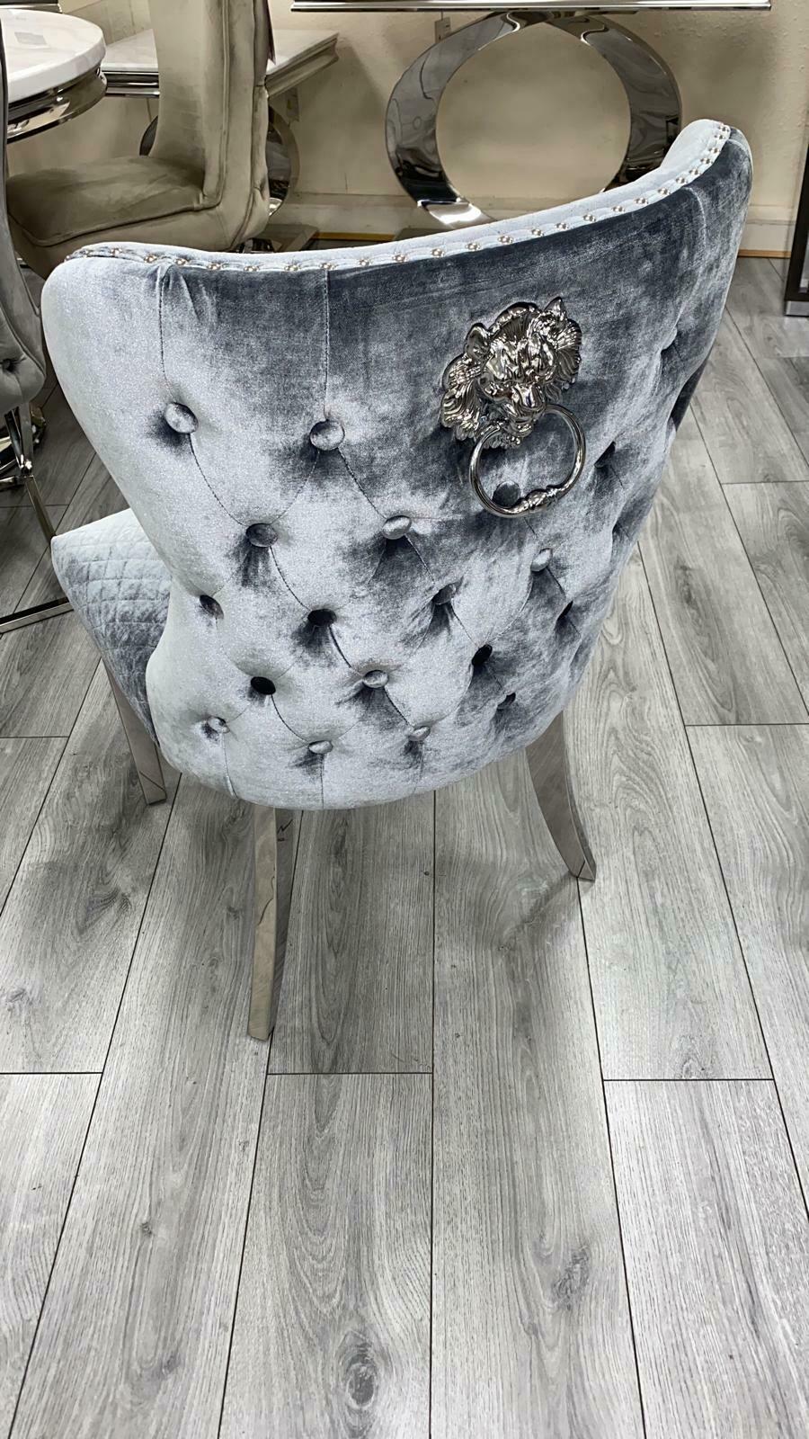 Bologna 130cm Grey Marble Round Dining Table with Set of Lewis Grey Lion Knocker Button Dining Chairs