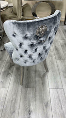 Bologna 130cm Grey Marble Round Dining Table with Set of Lewis Grey Lion Knocker Button Dining Chairs