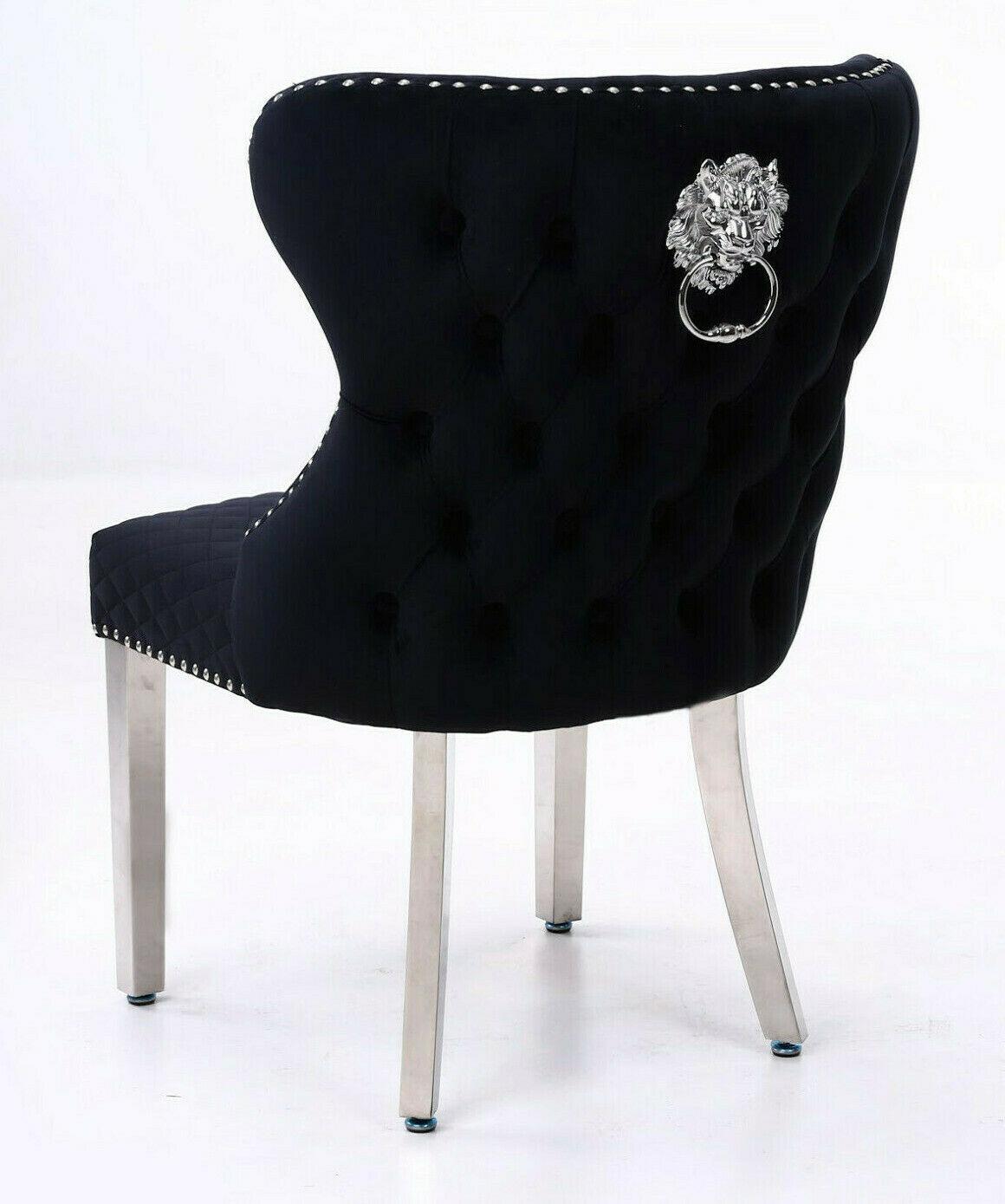 Arianna 200cm Black Marble Dining Table + Valentino Button Lion Knocker Black Velvet Chairs