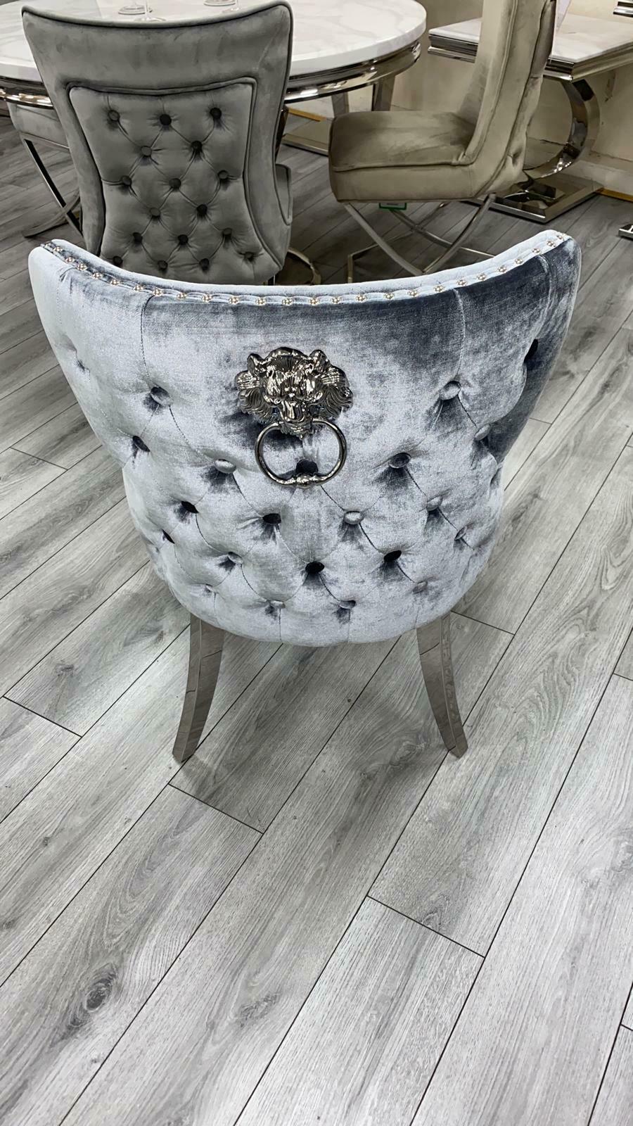 Bologna 130cm Grey Marble Round Dining Table with Set of Lewis Grey Lion Knocker Button Dining Chairs