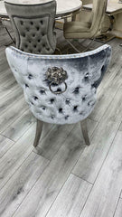 Bologna 130cm Grey Marble Round Dining Table with Set of Lewis Grey Lion Knocker Button Dining Chairs