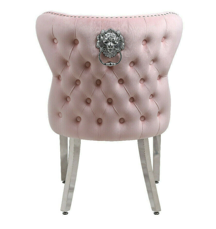 Arial 150cm Grey Marble Dining Table + Valentino Button Back Lion Knocker Velvet Chairs