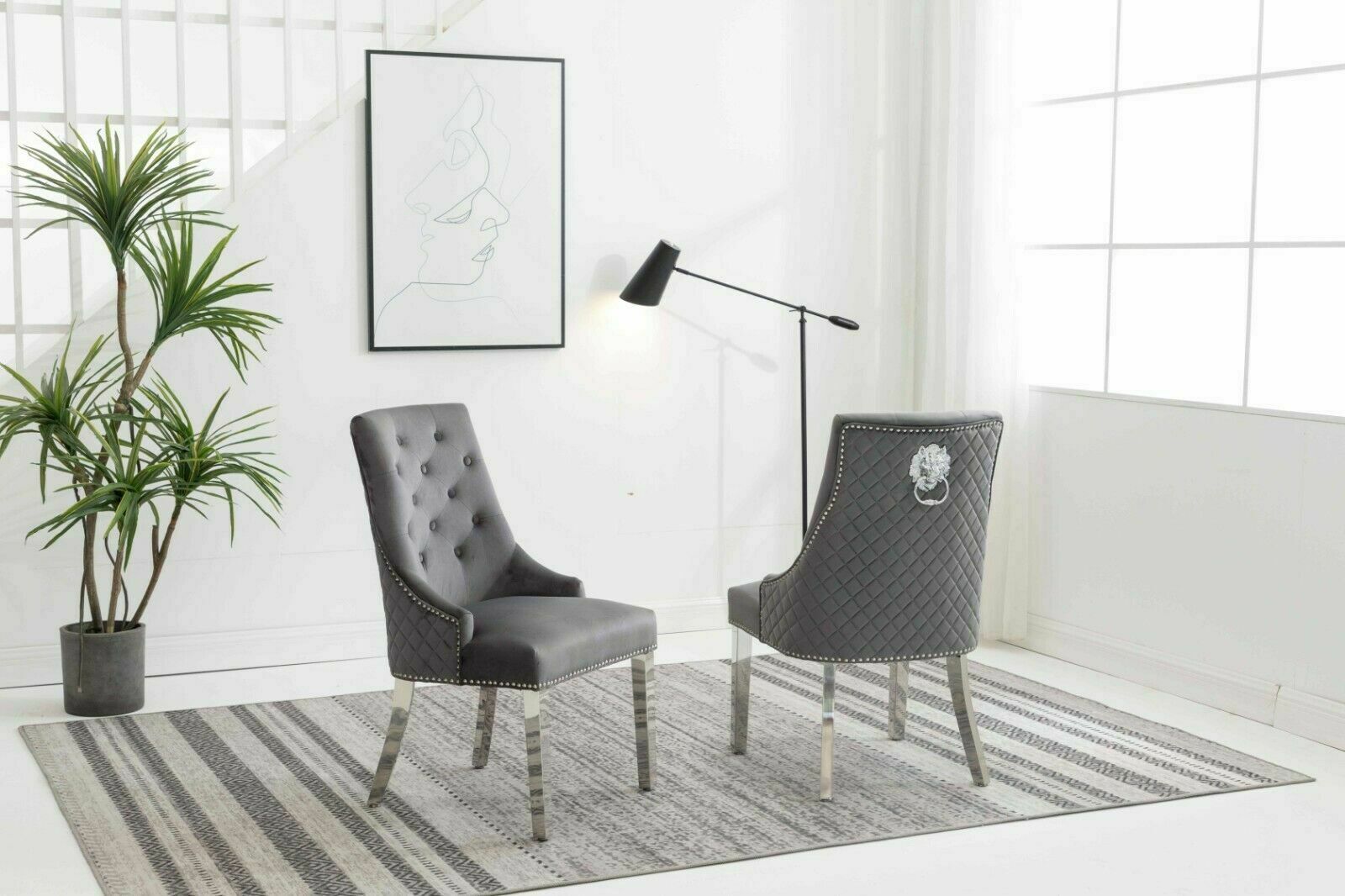 Arianna 200CM White Marble Dining Table With Set of Lion Knocker Plush Velvet Dining Chairs