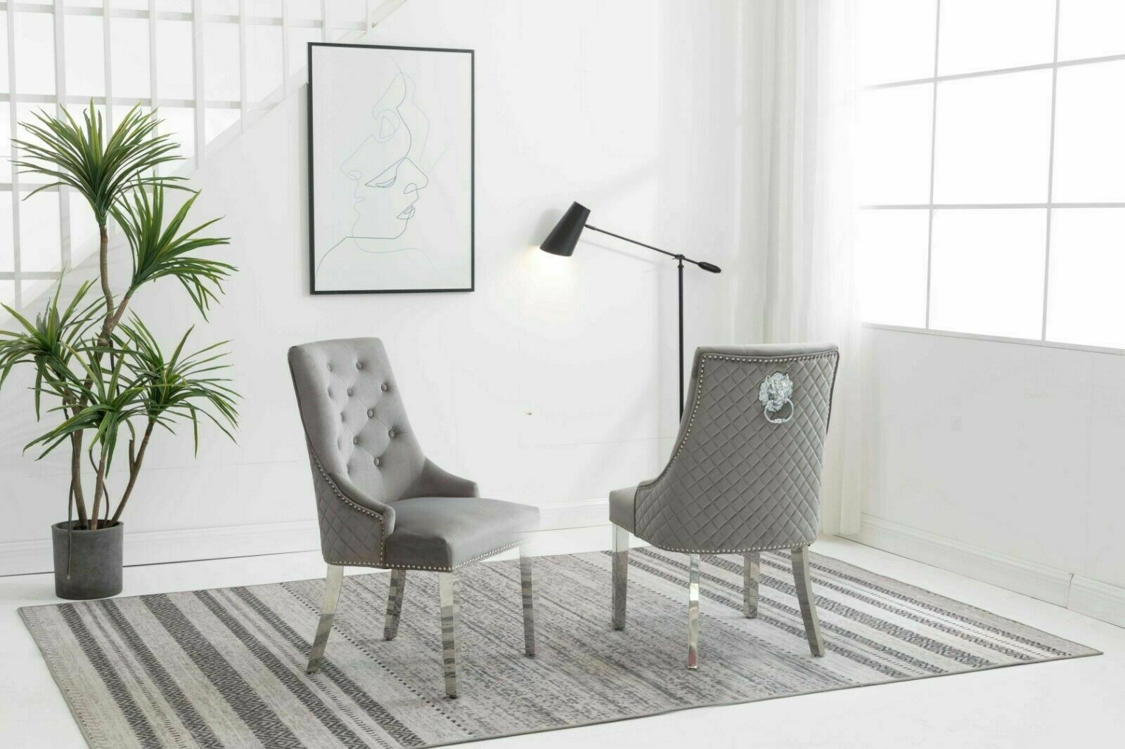 Arianna 200CM White Marble Dining Table With Set of Lion Knocker Plush Velvet Dining Chairs