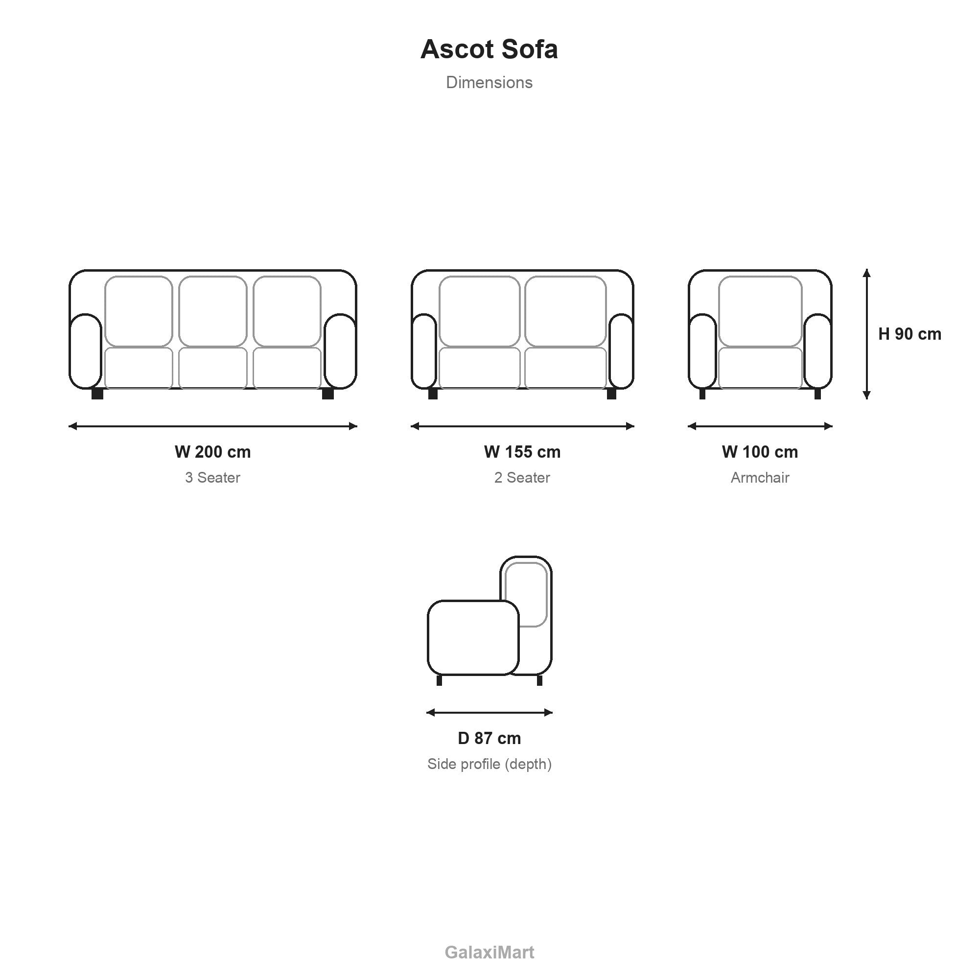 Ascot Charcoal Fabric 3+2 Seater Sofa Set