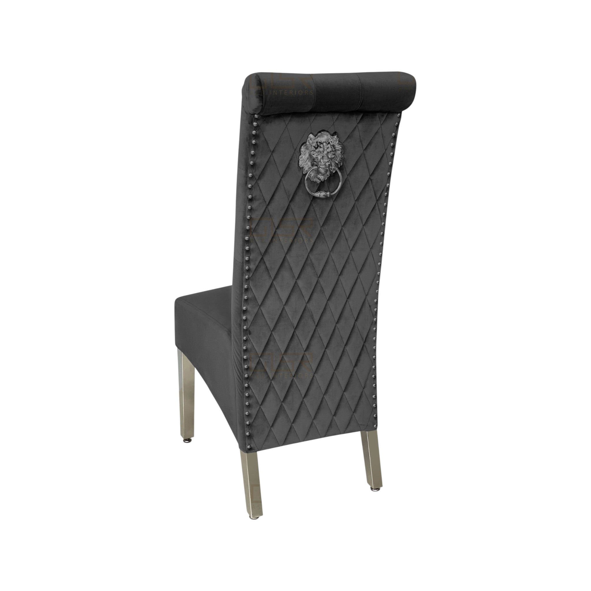 Ariel Luxury Marble Dining Table with High Back Velvet Lion Knocker Chairs | Chrome Legs | GalaxiMart