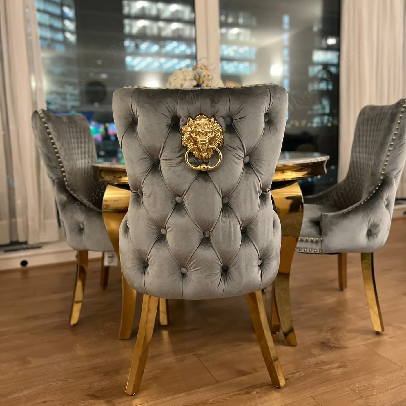 Arianna Grey Marble Dining Table & Gold Base with Victoria Velvet Chairs