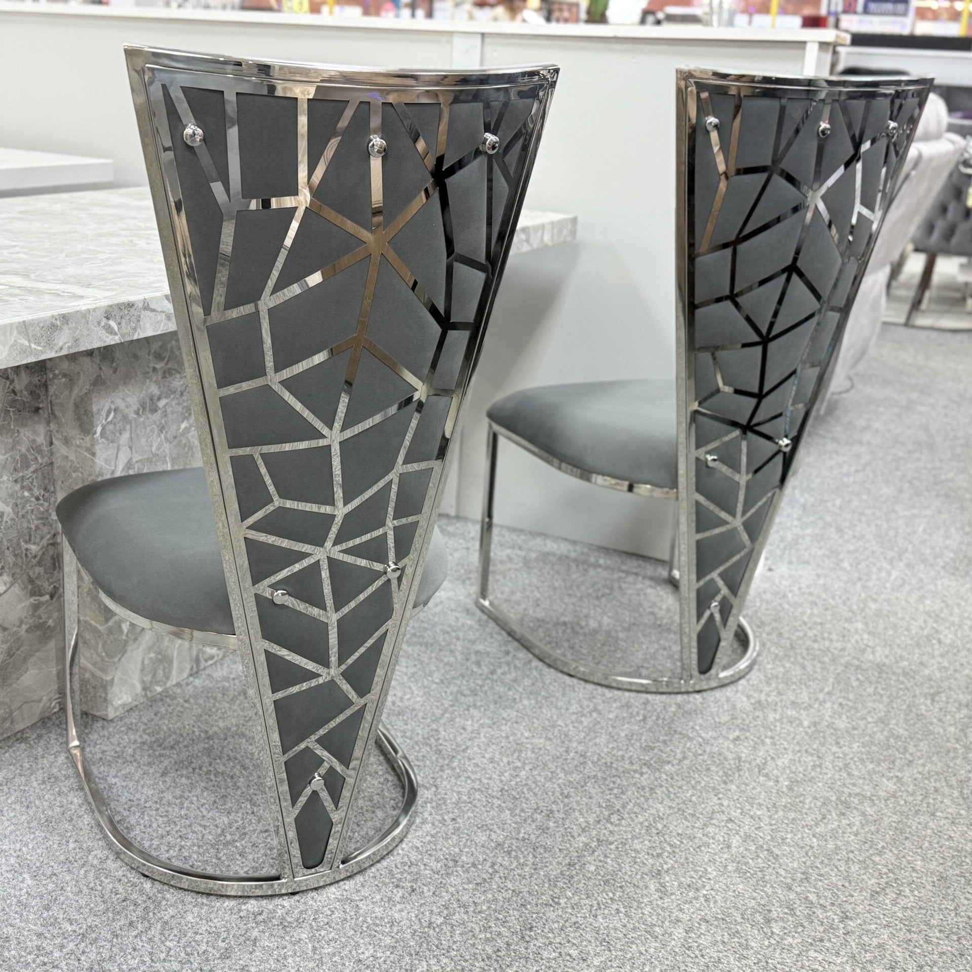 Arianna Grey Marble Dining Table | Modern Chrome Base | GalaxiMart