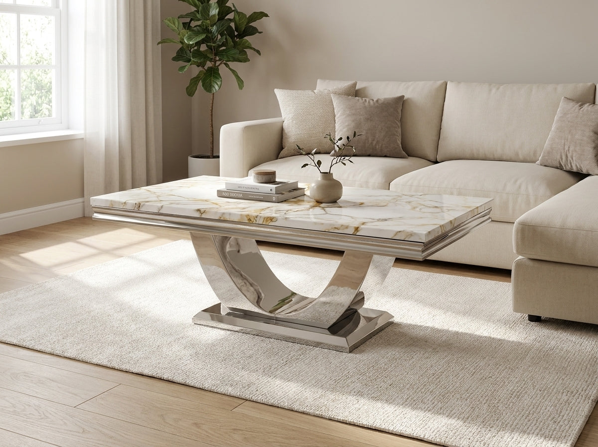 Ariel White & Gold Marble & Chrome Coffee Table