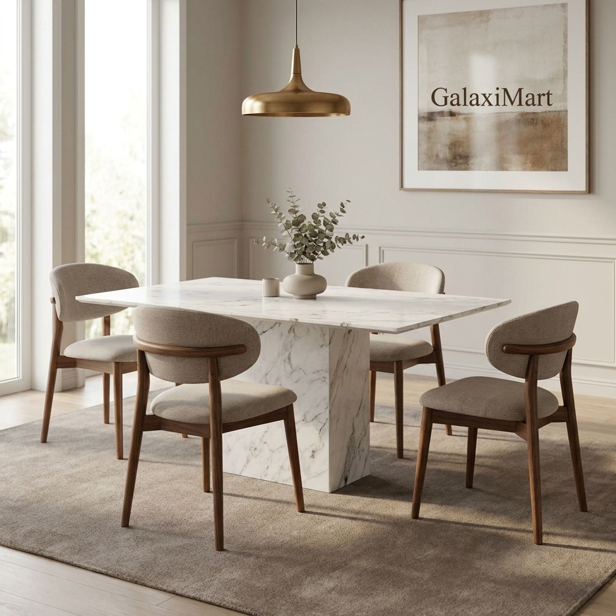 Bella Walnut & Light Taupe Chairs White Marble 150cm Dining Set