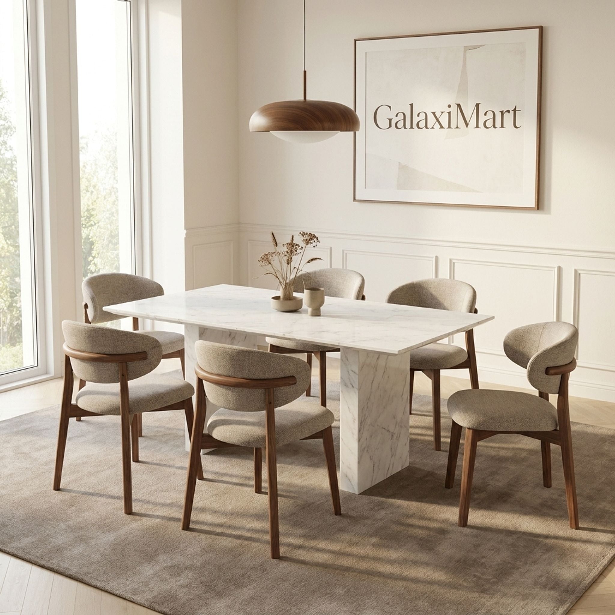 Bella Walnut & Light Taupe Chairs White Marble 150cm Dining Set