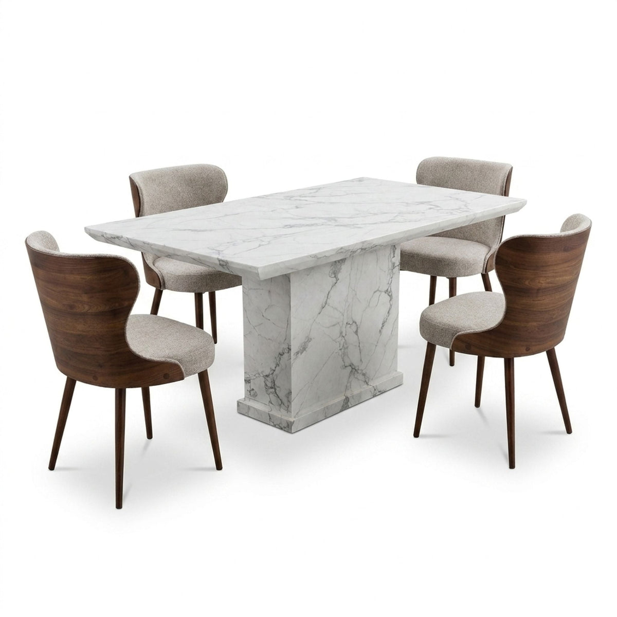 Bella Walnut & Light Taupe Chairs White Marble 150cm Dining Set