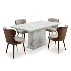 Bella Walnut & Light Taupe Chairs White Marble 150cm Dining Set