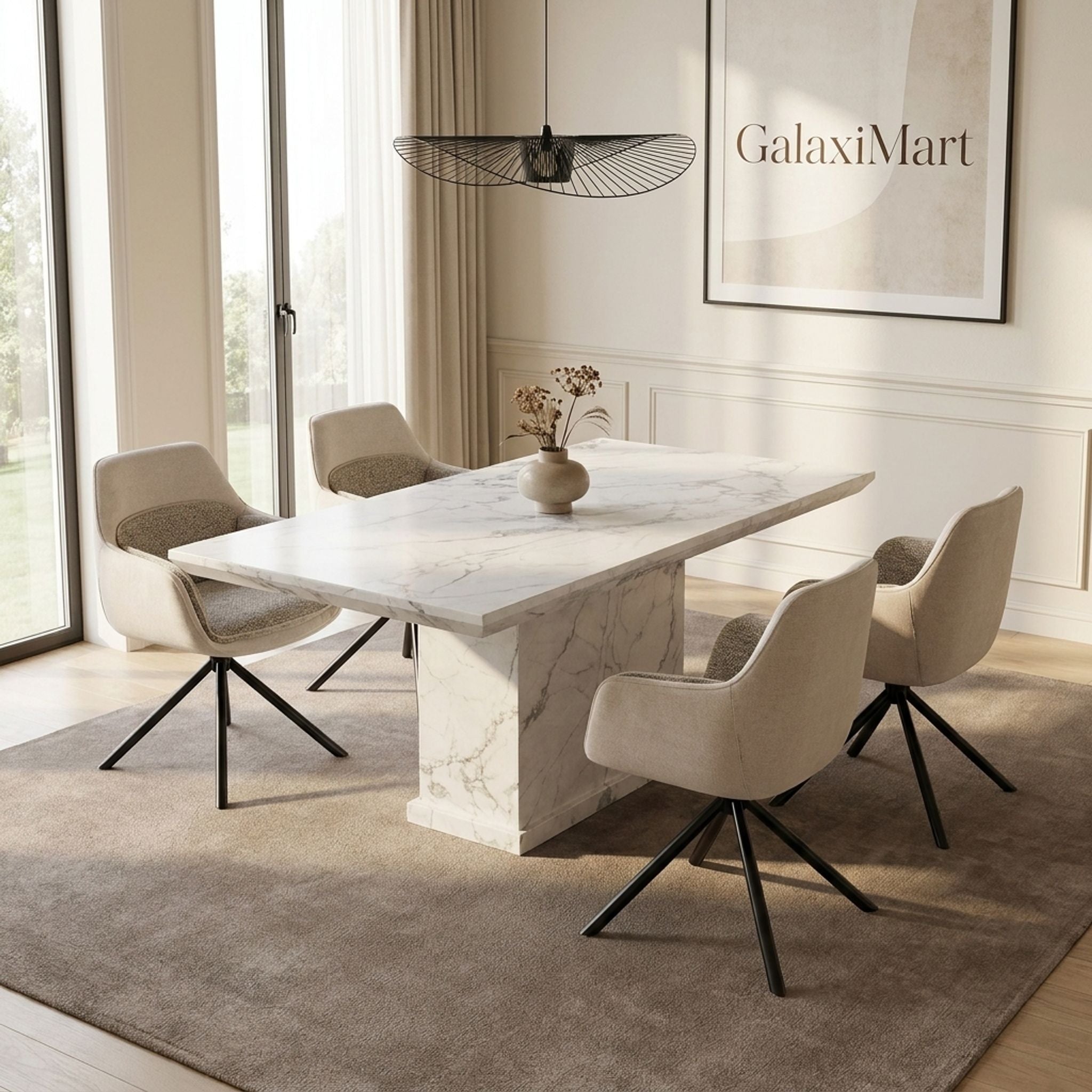 Carpi Beige Fabric Swivel Chairs White Marble 150cm Dining Set