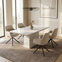 Carpi Beige Fabric Swivel Chairs White Marble 150cm Dining Set