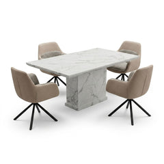Carpi Beige Fabric Swivel Chairs White Marble 150cm Dining Set