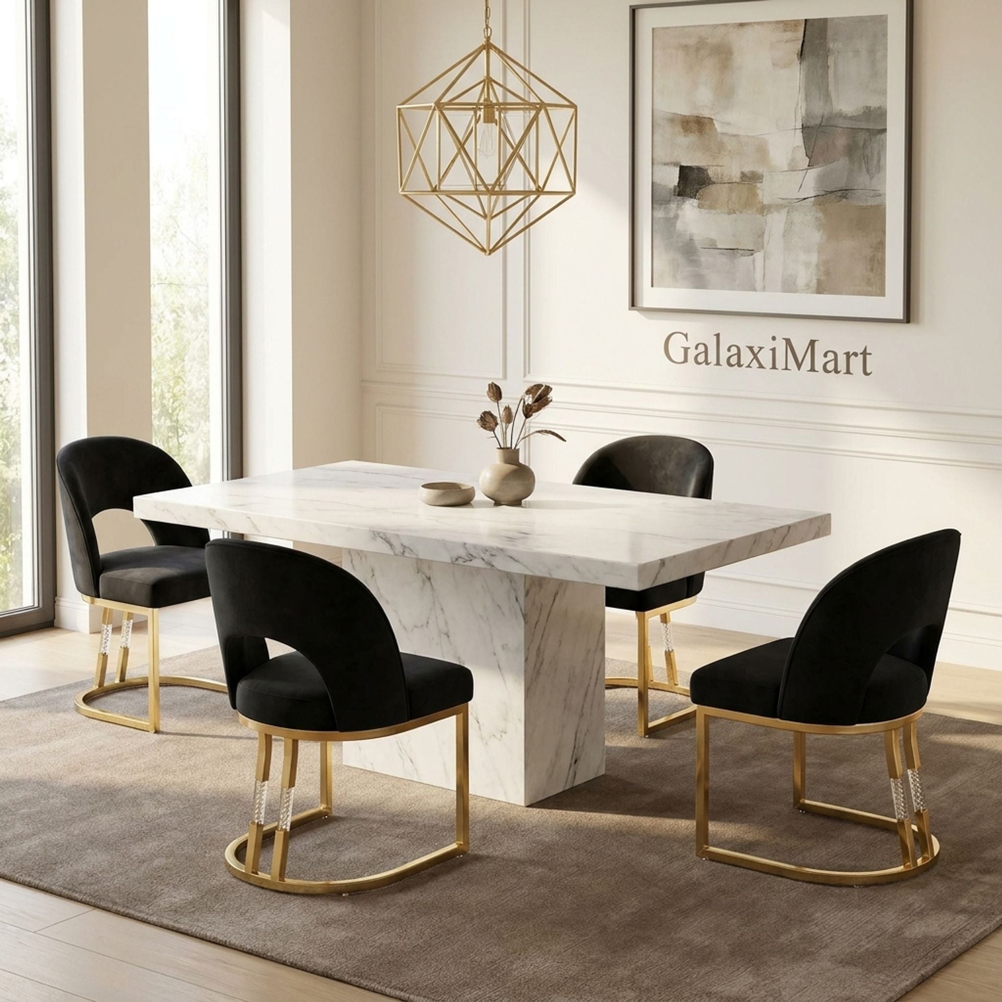 Carpi Black Velvet Chairs White Marble 150cm Dining Set