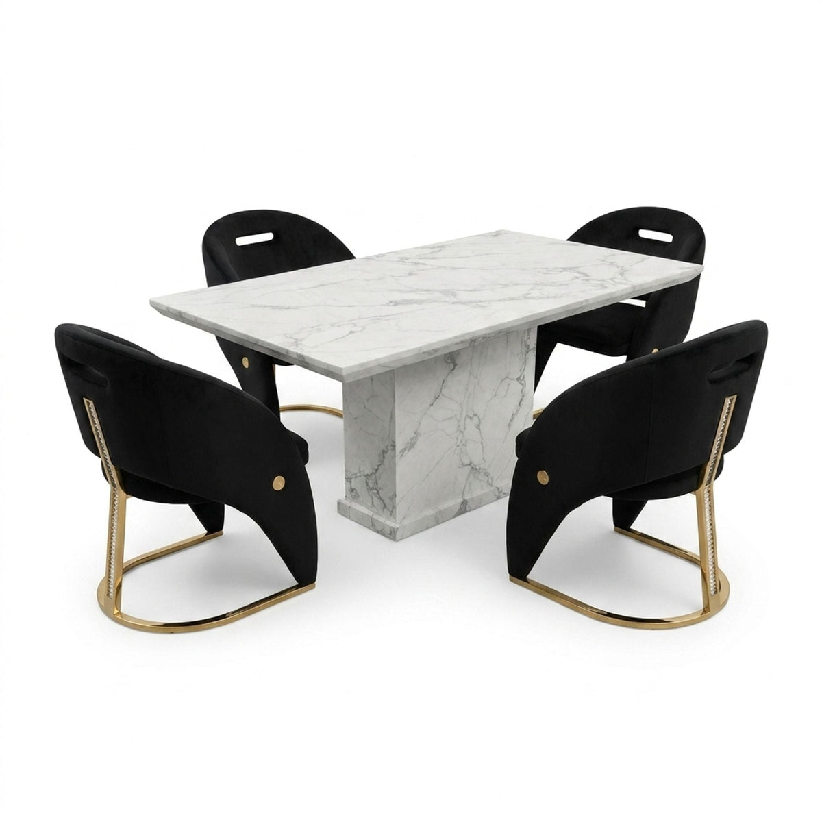 Carpi Black Velvet Chairs White Marble 150cm Dining Set