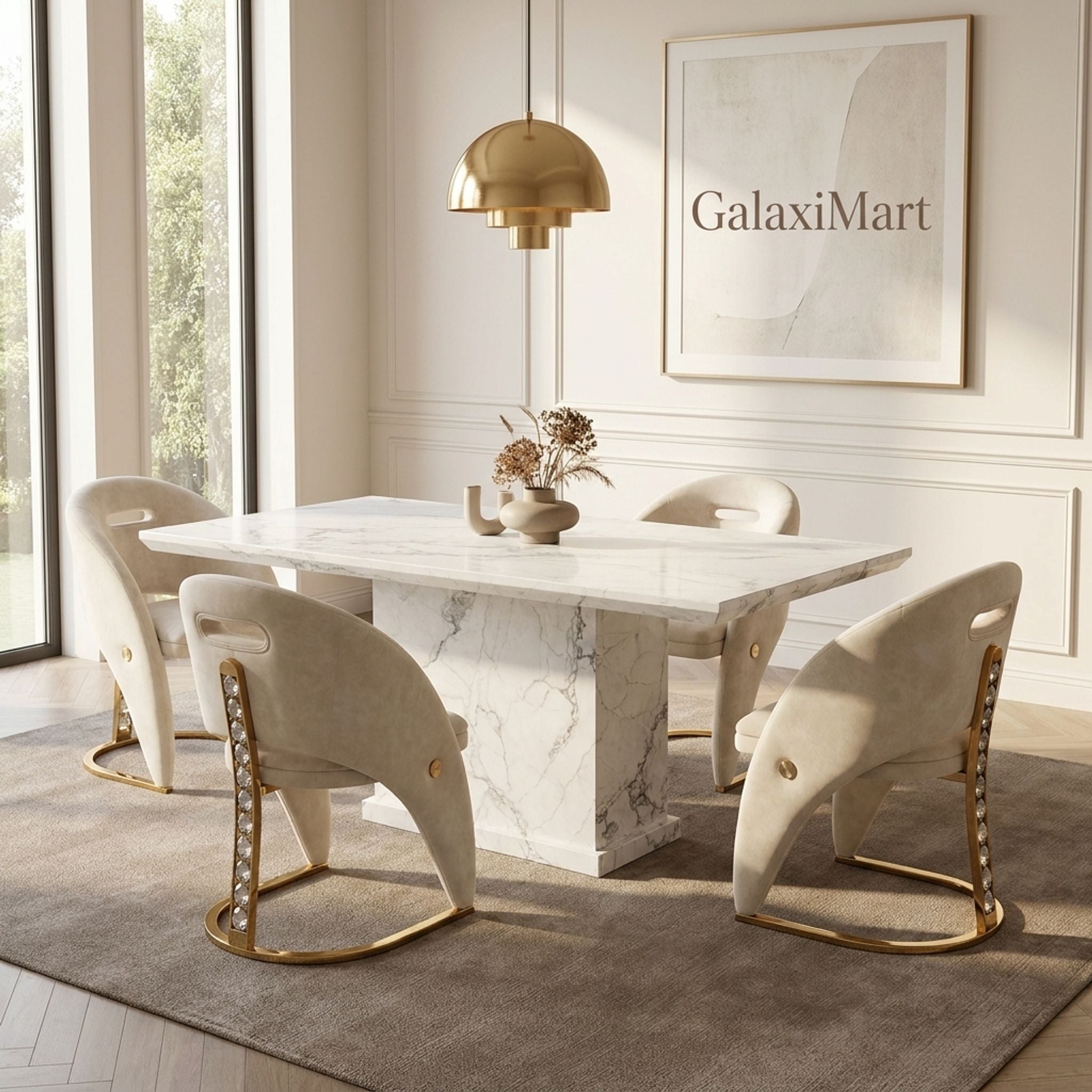 Carpi Cream Velvet Chairs White Marble 150cm Dining Set