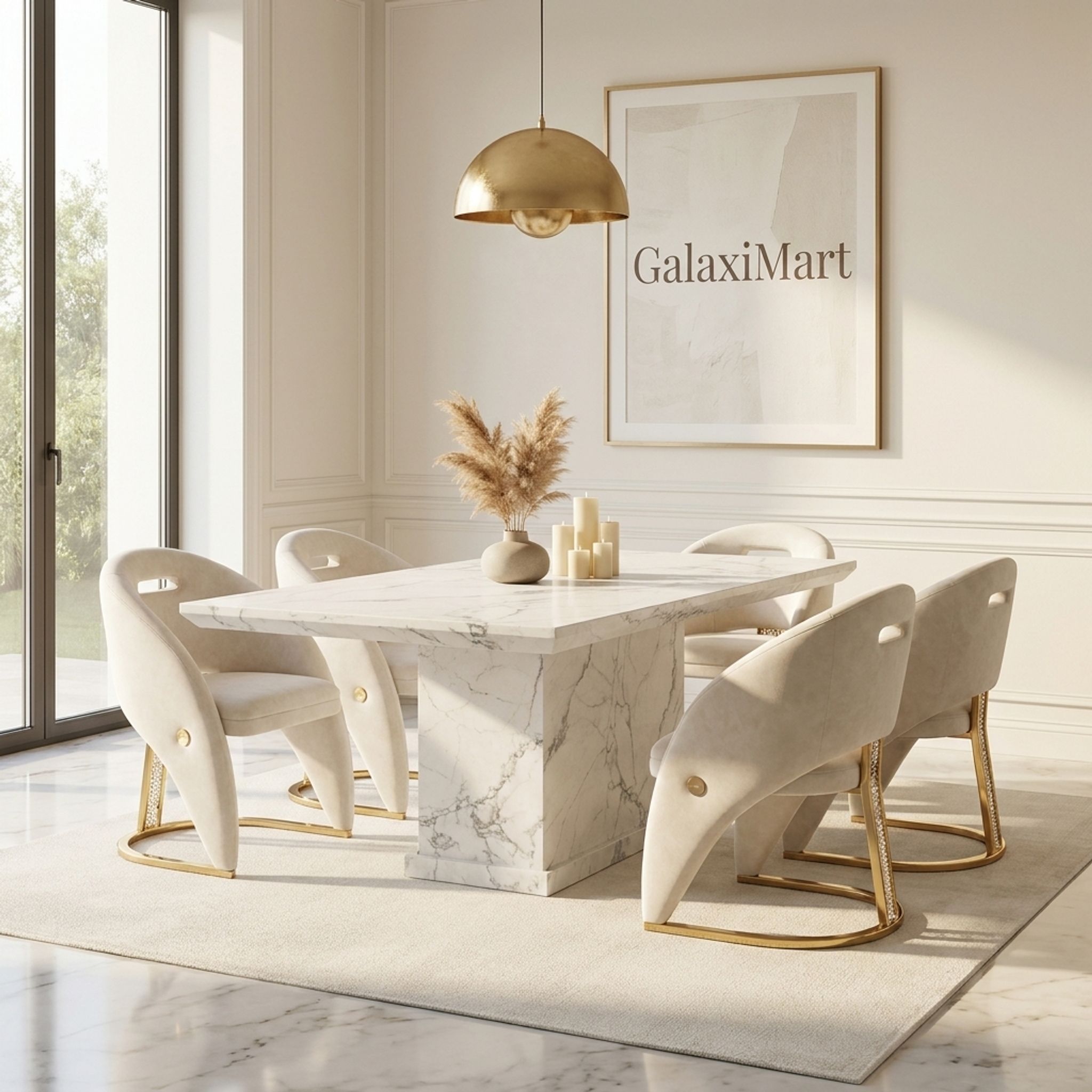 Carpi Cream Velvet Chairs White Marble 150cm Dining Set