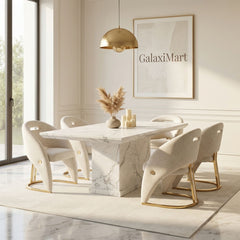 Carpi Cream Velvet Chairs White Marble 150cm Dining Set