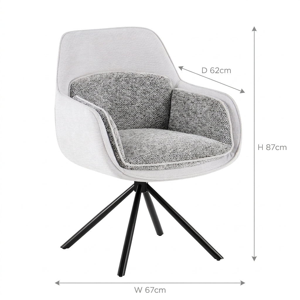 Carpi Grey Fabric Swivel Chairs White Marble 150cm Dining Set
