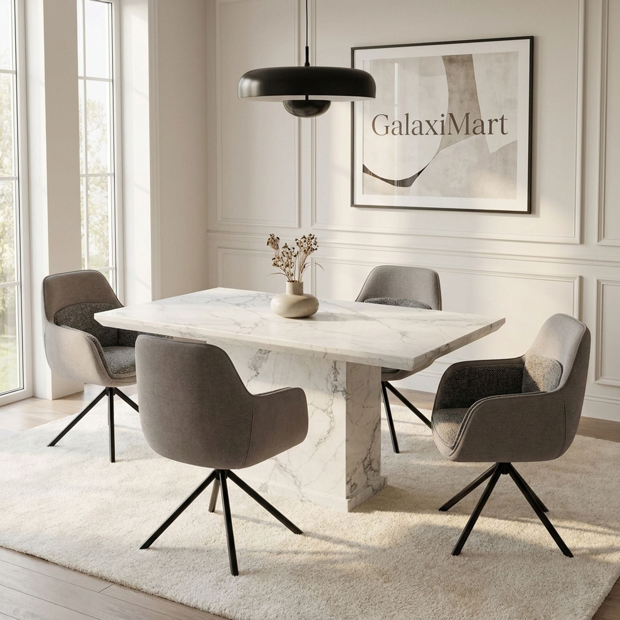 Carpi Grey Fabric Swivel Chairs White Marble 150cm Dining Set