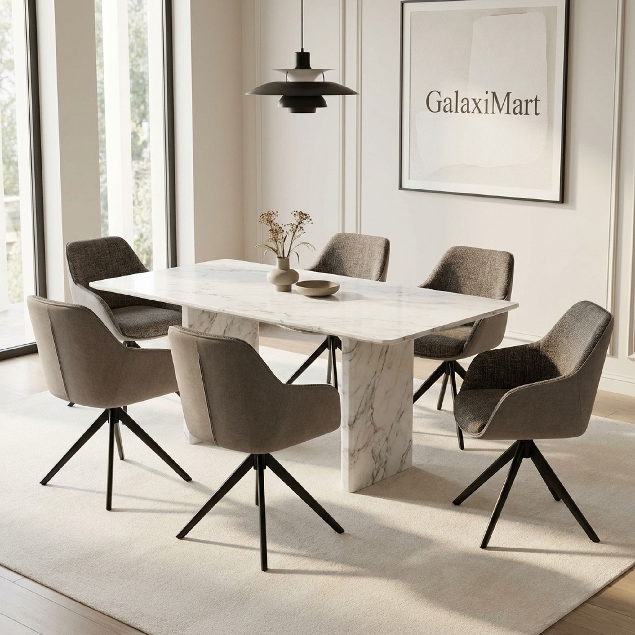 Carpi Grey Fabric Swivel Chairs White Marble 150cm Dining Set