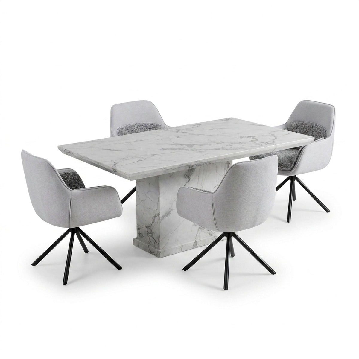 Carpi Grey Fabric Swivel Chairs White Marble 150cm Dining Set
