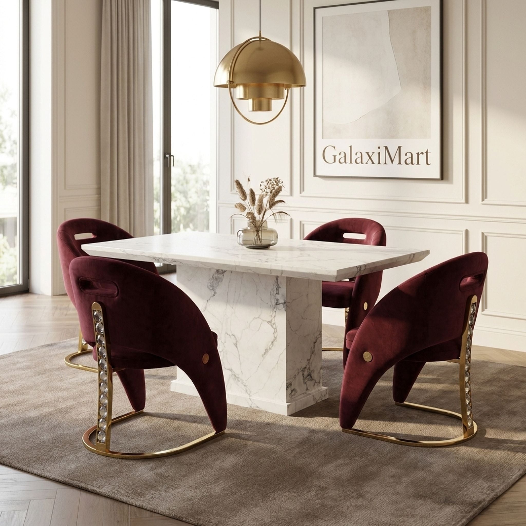Carpi Maroon Velvet Chairs White Marble 150cm Dining Set