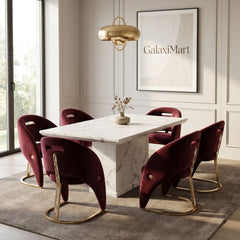 Carpi Maroon Velvet Chairs White Marble 150cm Dining Set